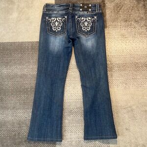 Miss Me Bootcut Jeans Dark Wash Embellished Rhinestone Pocket Size 30 Whiskering